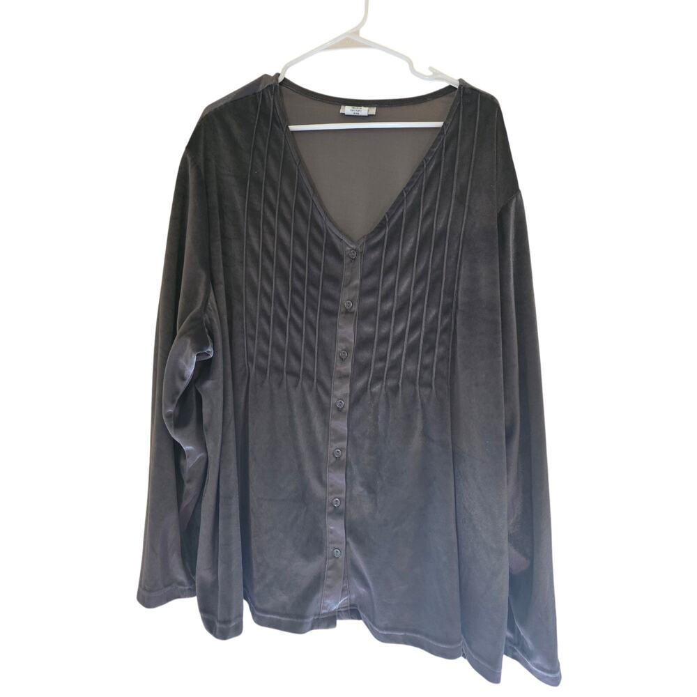 CW Classics Velvet Top 4x Womens Plus Size Gray Long Sleeve Button Front Soft‎